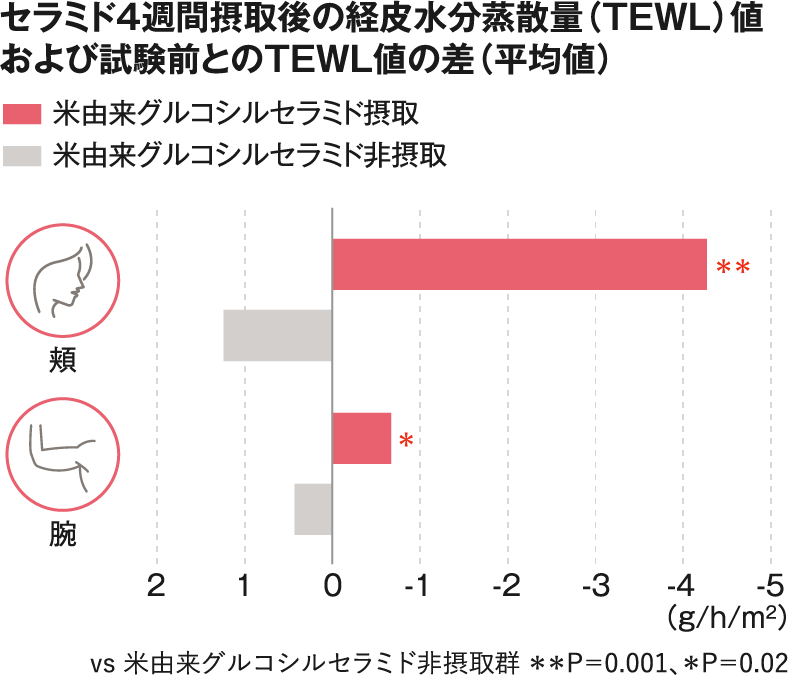 セラミド4週間摂取後の経皮水分蒸散量（TEWL）値および試験前とのTEWL値の差（中央値）